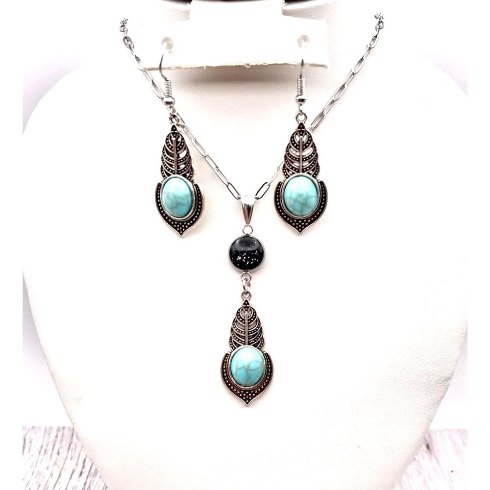 Vintage Boho Silver Faux Turquoise Jewelry Set – Matching Drop Earrings